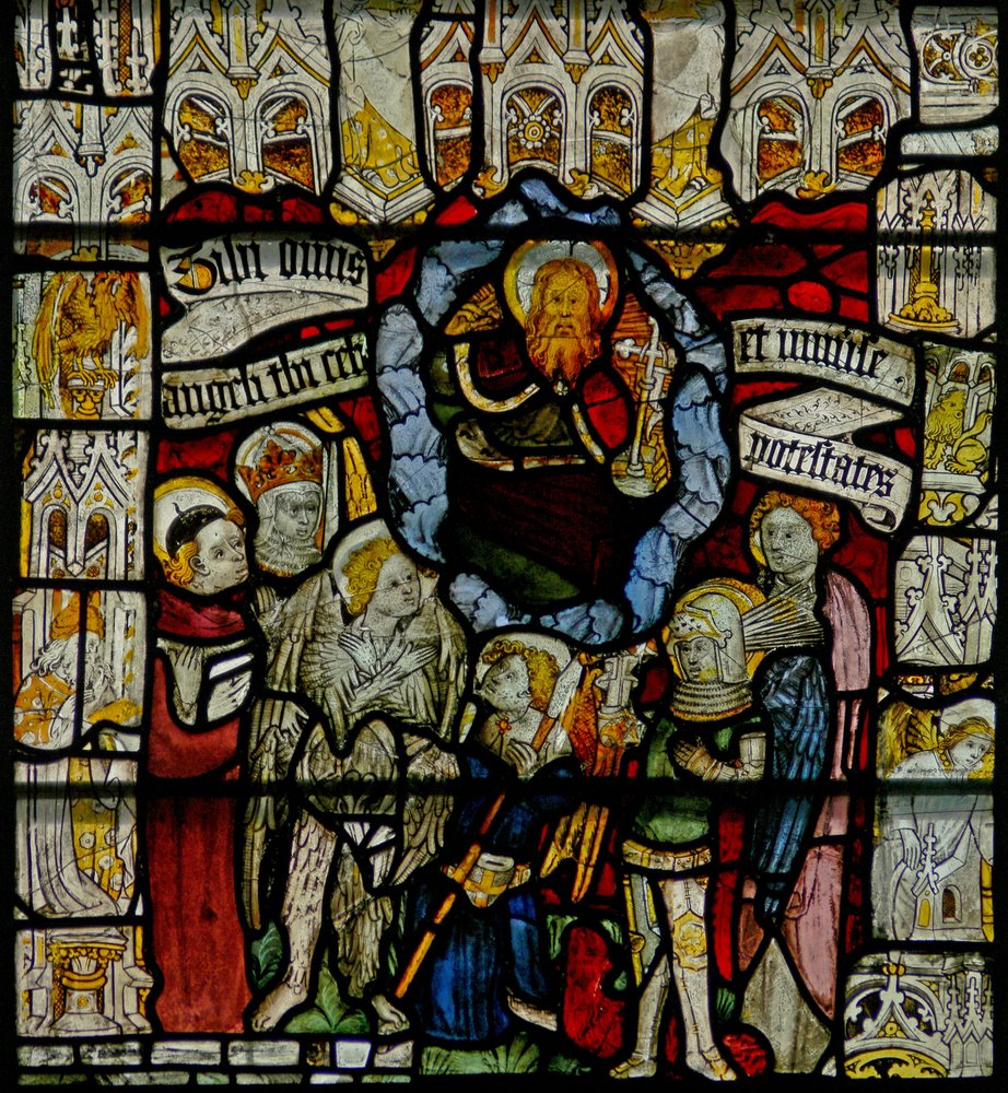 Window w24 depicting the Te Deum with the Angelic Hierarchy by English School
