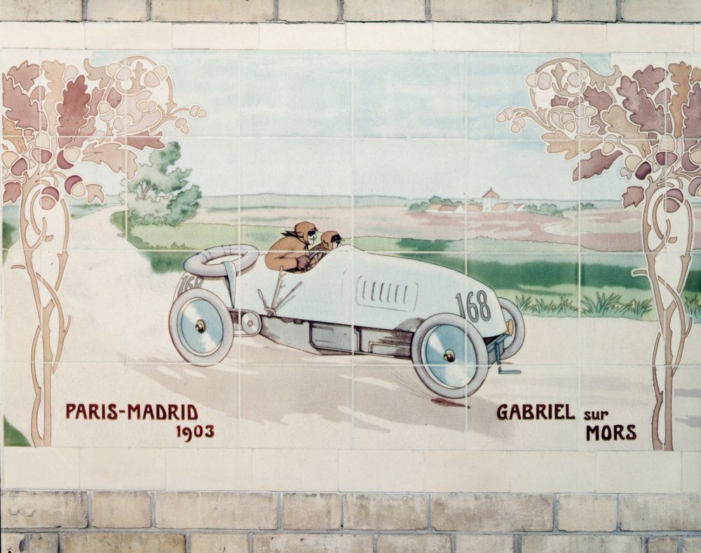 Gabriel driving a Mors car in the Paris to Madrid race of 1903, known as The Race of Death: ceramic tiles manufactured by Gilardoni Fils et Cie of Paris, after a drawing by Ernest Montaut (1878-1909) by Ernest Montaut
