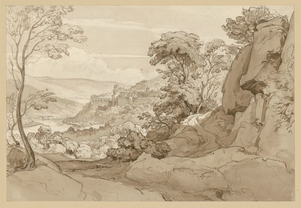View of Heidelberg Castle, with a rocky slope in the foreground by Ernst Fries