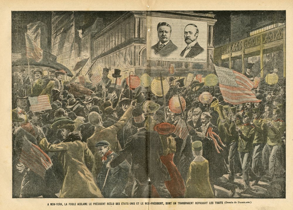 Illustration of Eugene Damblans (1865-1945) in Le Pelerin, 20/11/04 - In New York, the Crowd Cheers the Reelected President of the United States and the Vice President by Eugene Damblans