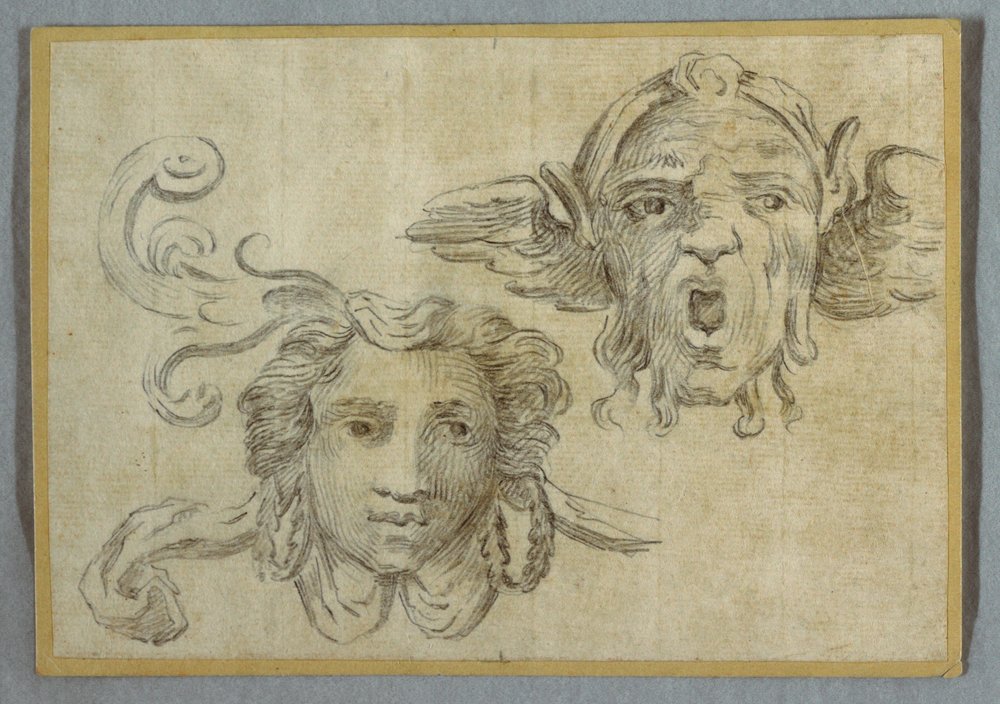 Mask with Garland and Ears; Mask with Beard and Ears of Satyr by Felice Giani
