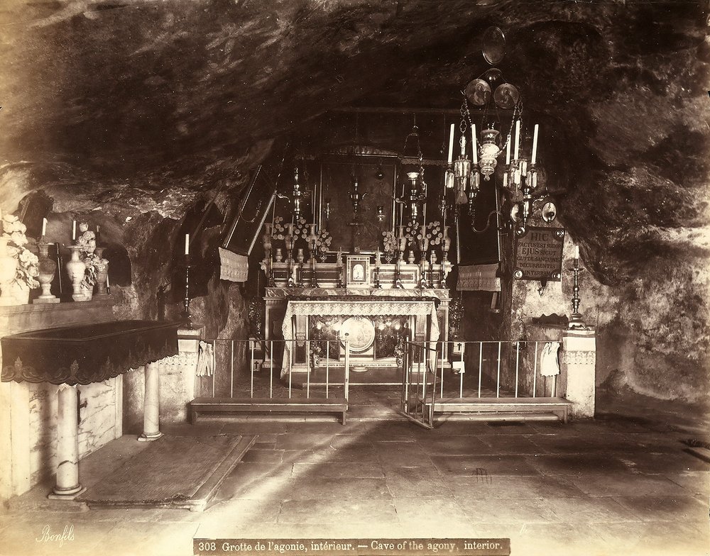 Interior of the Grotto of the Agony, or Basilica of the Agony, presently called Church of All Nations, in Jerusalem. According to tradition, Jesus spent his last moments here before being arrested by Félix Bonfils
