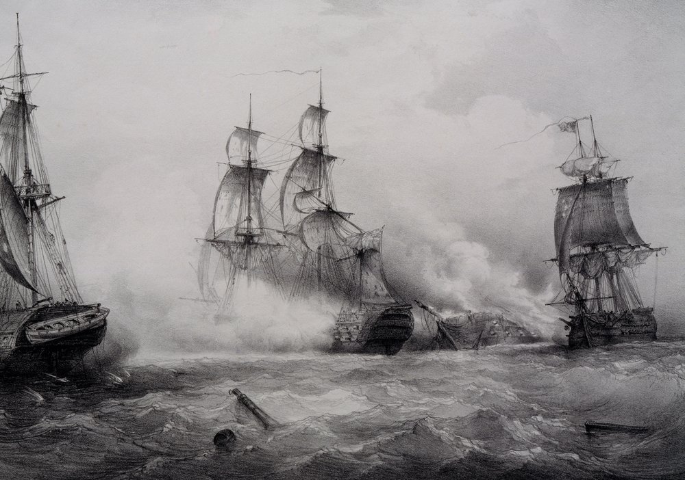 Fighting between British and American third-rate sailing ships with 74 guns, lithograph by Ferdinand Perrot by Ferdinand Victor Perrot