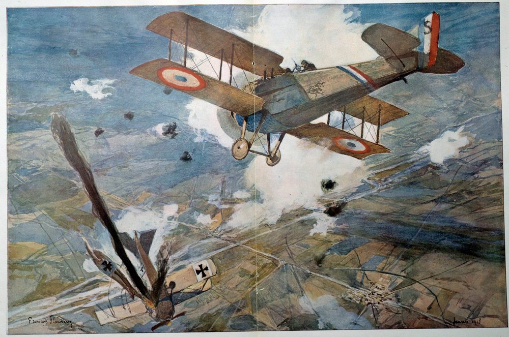 First World War „Air Fight“. The enemy plane falling in flames. Watercolour painting by François Flameng (1856-1923), 1918, private collection by Francois Flameng