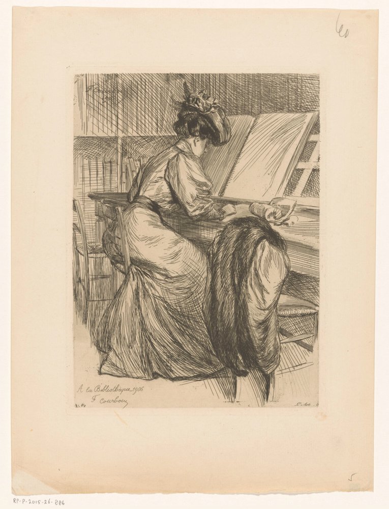 Woman reading in a library by François Courboin
