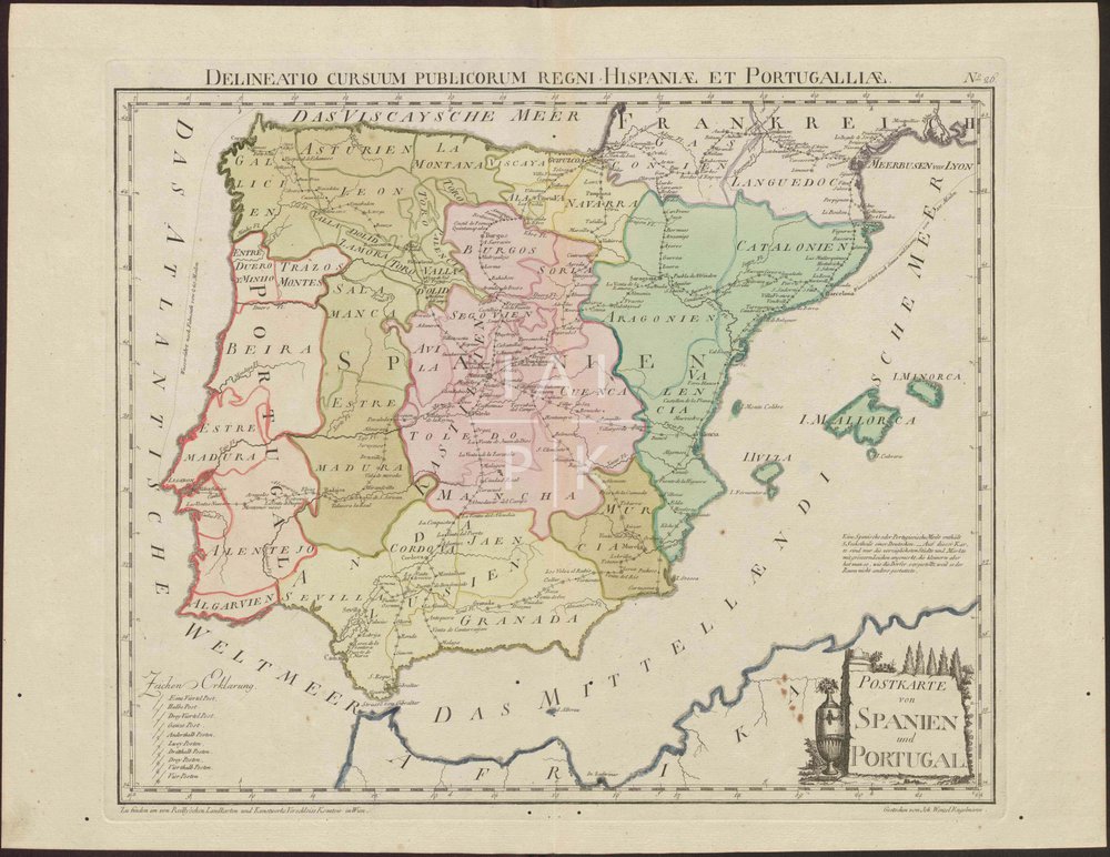 Postcard from Spain and Portugal. Delineatio Cursuum Publicorum Regni Hispaniae Et Portugalliae by Franz Johann Joseph von Reilly