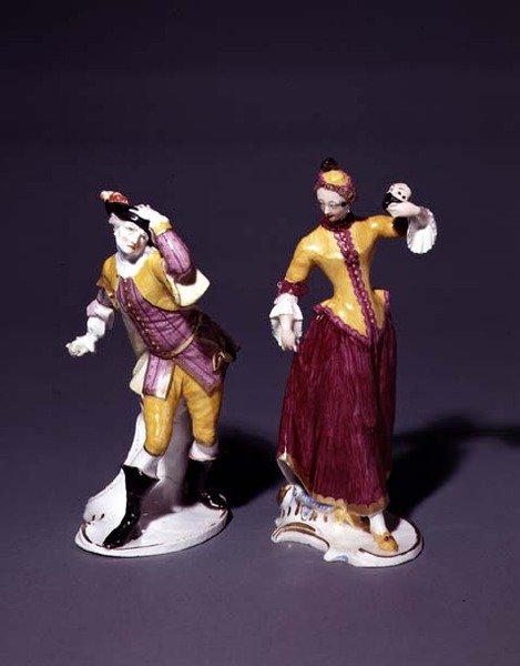 ‘Commedia dell’Arte’ figures of Columbine and Captain Sparento, Nymphenburg, c. 1760 by Franz Anton Bustelli