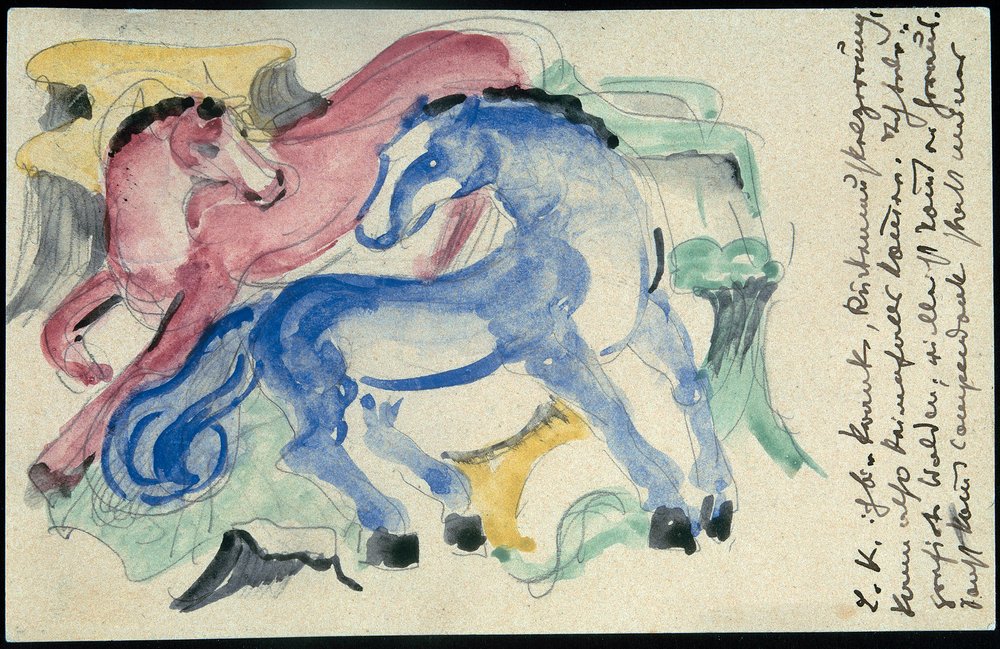 Red and Blue Horse, Franz Marc from Sindelsdorf to Wassily Kandinsky in Munich: Postcard, Postmark 05.04.1913 by Franz Marc