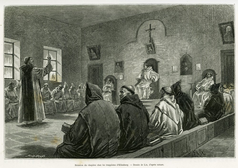 Meeting of the chapter among the Trappists of Oelenberg. Engraving by Lix to illustrate the story 