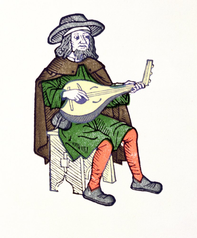 A Troubadour playing lute, from the early 13th century chantefable Aucassin et Nicolette by French School