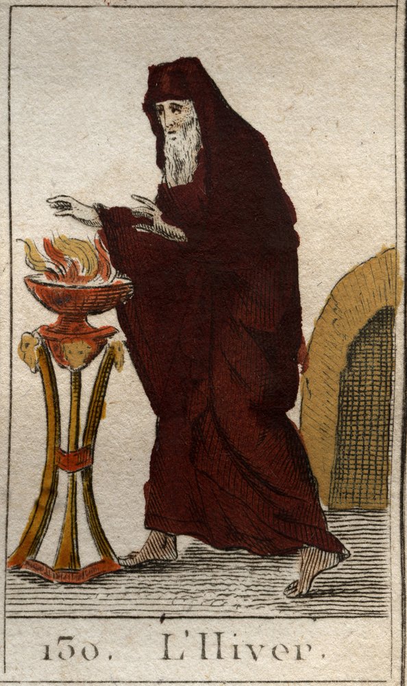 Representation of Winter as an old man warming himself by a fire. From ...