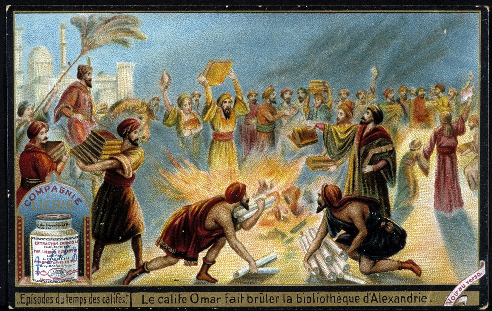 Caliph Omar burns the library of Alexandria - Liebig advertising vignette