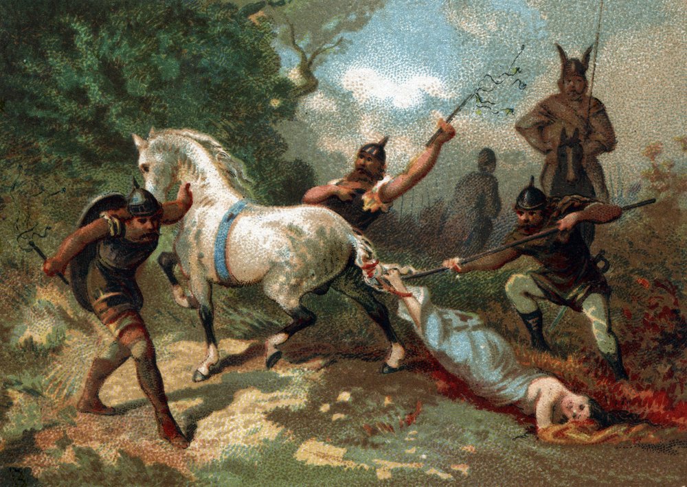 Death of Brunhilda (or Brunehild), tied to the tail of an indomitable horse by order of Chlothar II (613). Chromolithography of the late 19th century. by French School