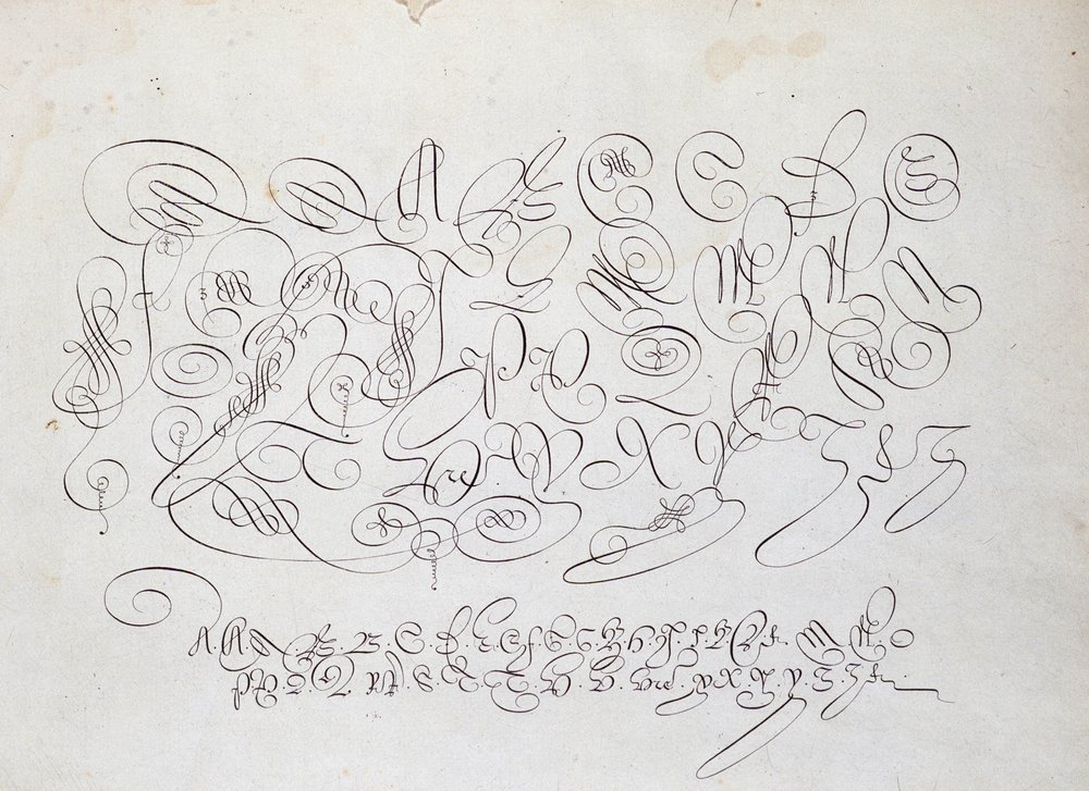 French calligraphy: Plate of capital, engraving of Frisius, calcographer of the king by Robert Vignon in the garden of writing around 1600 by French School
