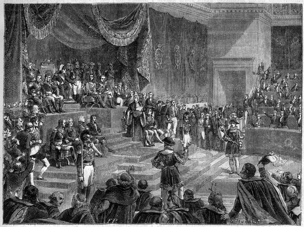 Louis XVIII and the establishment of the Constitutional Monarchy - Constitutional Charter of 4 June 1814 - Louis XVIII presides over the opening of the session of the Chambers on 4 June 1814 at the Palais Bourbon in Paris - in 
