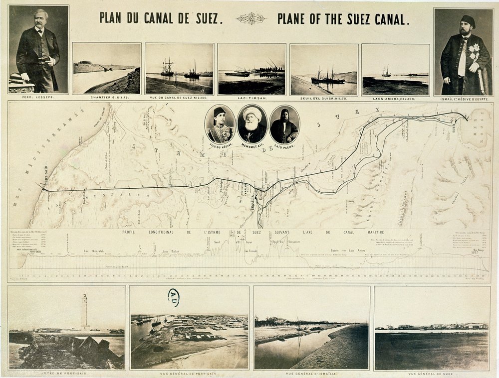 Map of the Suez Canal accompanied by different views and portraits of Ferdinand de Lesseps (1805-94) and Ismail Pasha (1830-95), 1869 by French School