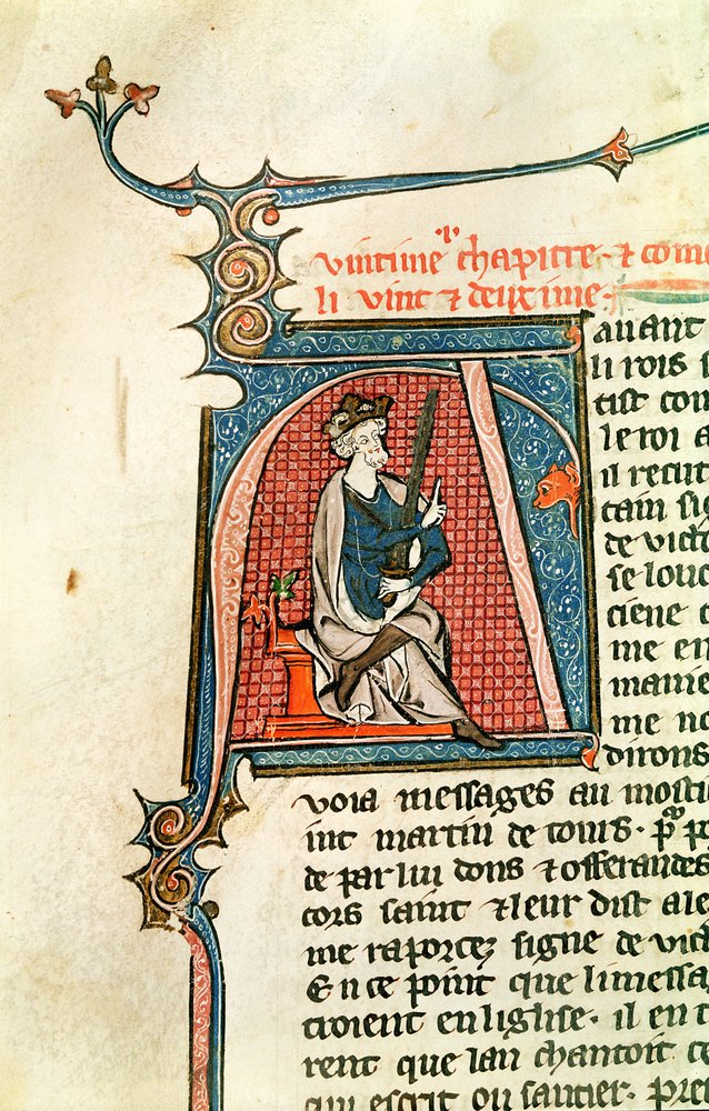 Historiated Initial A Depicting a Seated King Holding a Double-Edged Sword by French School