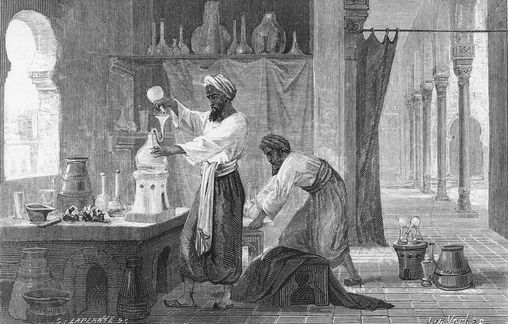 Persian alchemist Rhazes in his laboratory (engraving)