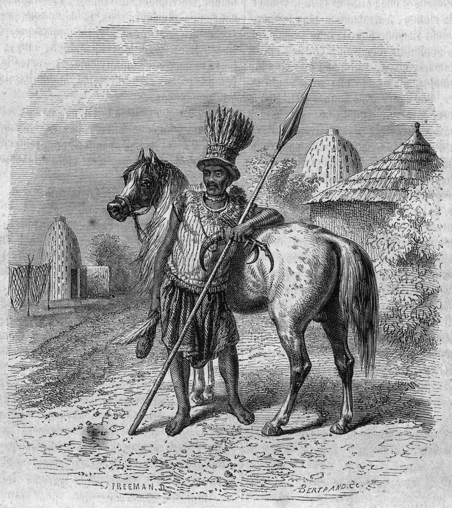 Portrait of a leader of the Mousgou tribe in Central Africa, mid-19th century. Engraving by Freeman in 