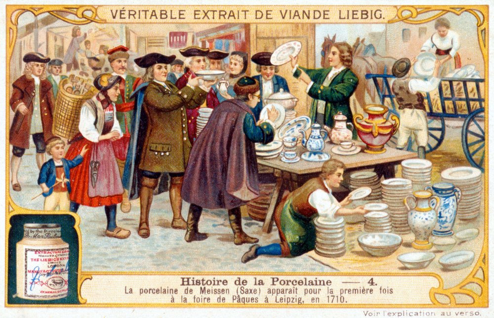 Story of Porcelain No. 4: Meissen Porcelain (Saxony) Appeared for the First Time at the Easter Fair in Leipzig in 1710, Liebig Chromolithography by French School