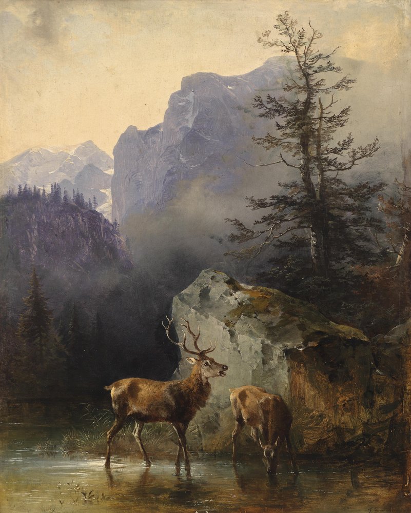 Deer and Animals at the Watering Place by Friedrich Gauermann