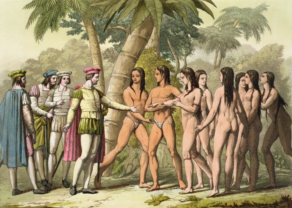 Christopher Columbus (1451-1506) with Hernando Cortes (1485-1547) Receiving a Native American Girl as a Gift, from “Le Costume Ancien et Moderne”, Volume I, plate 5, by Jules Ferrario, published c. 182 by Gallo Gallina