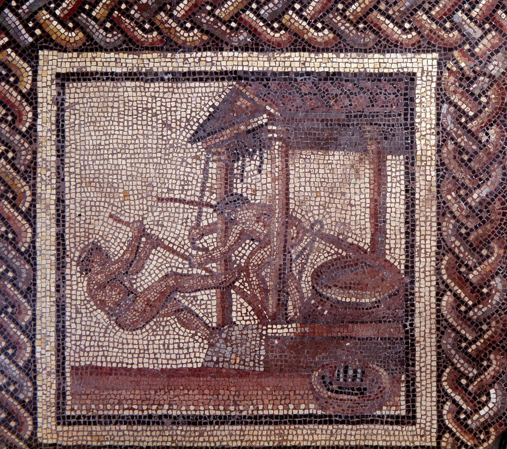 Mosaic paving representing a rustic calendar and an oil press by Gallo-Roman