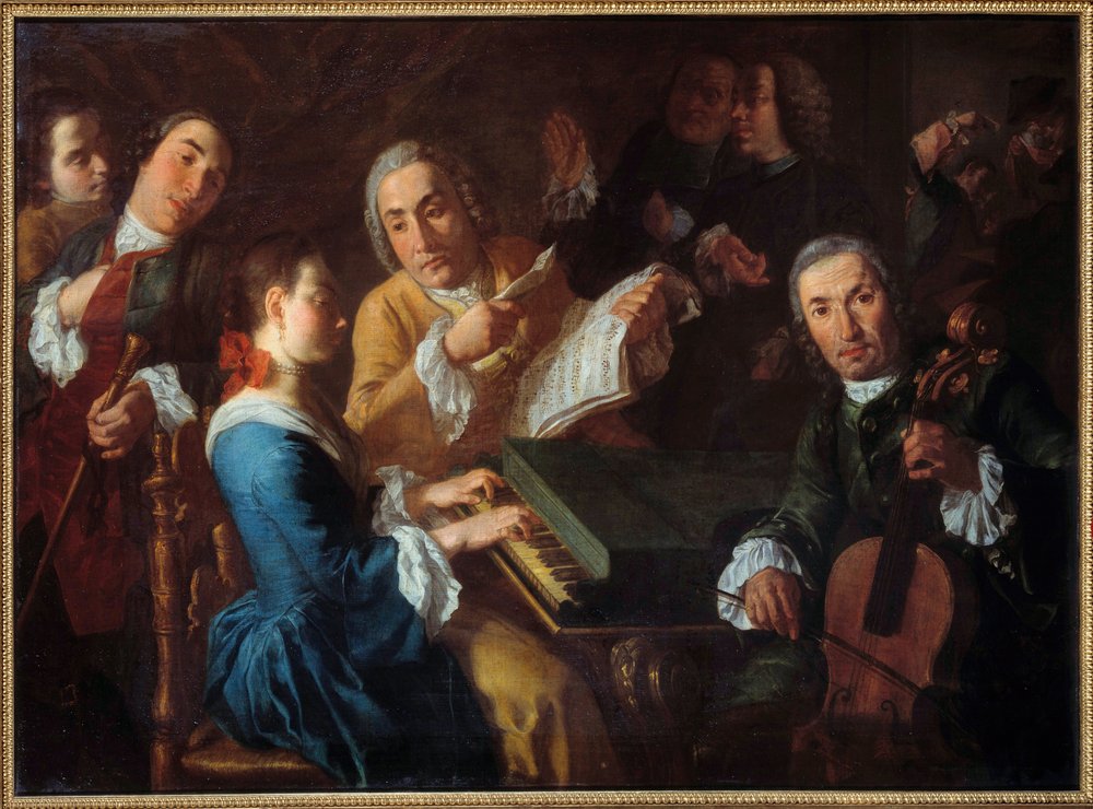 The concert: a musician at the harpsichord and a cellist, painting