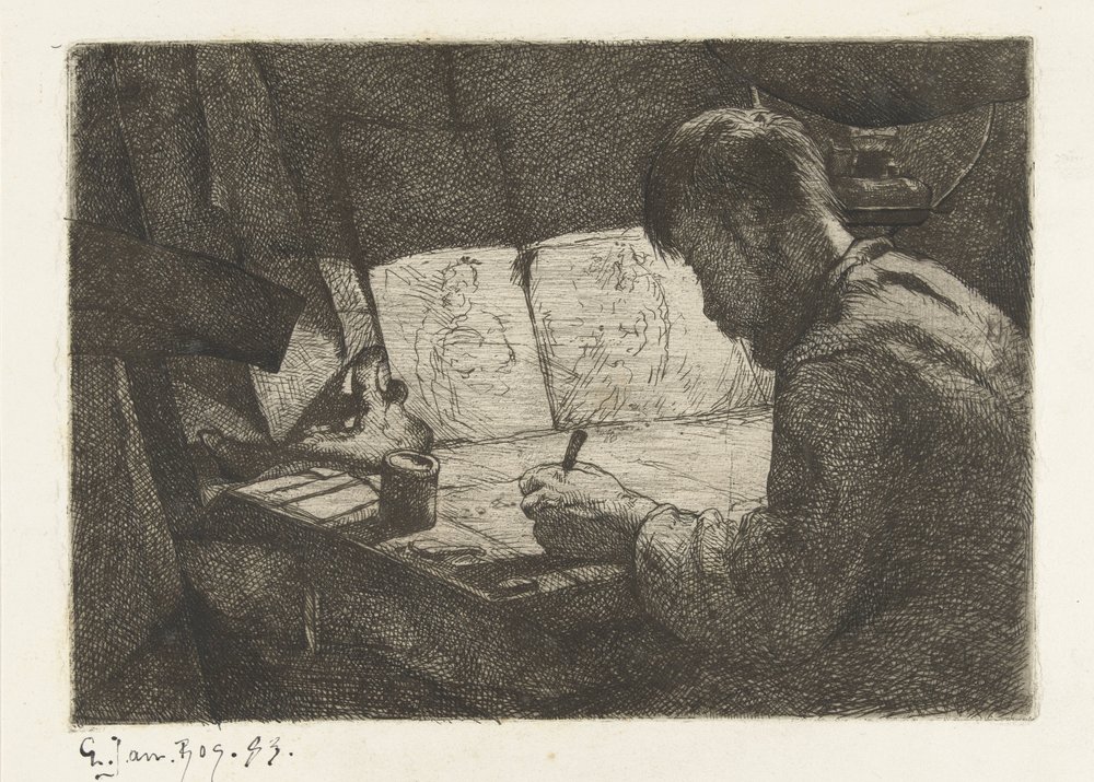 Self-Portrait at the Drawing Table by Gerard Jan Bos (signed by artist)