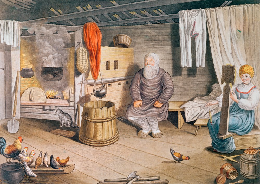 Interior of a Russian izba, published in Leipzig, 1820 by German School