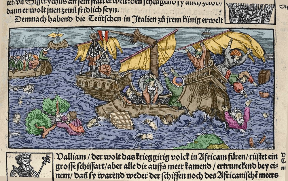 The shipwreck. Engraving from 'Den Edlen Strenghen Besten Fromen' by ...