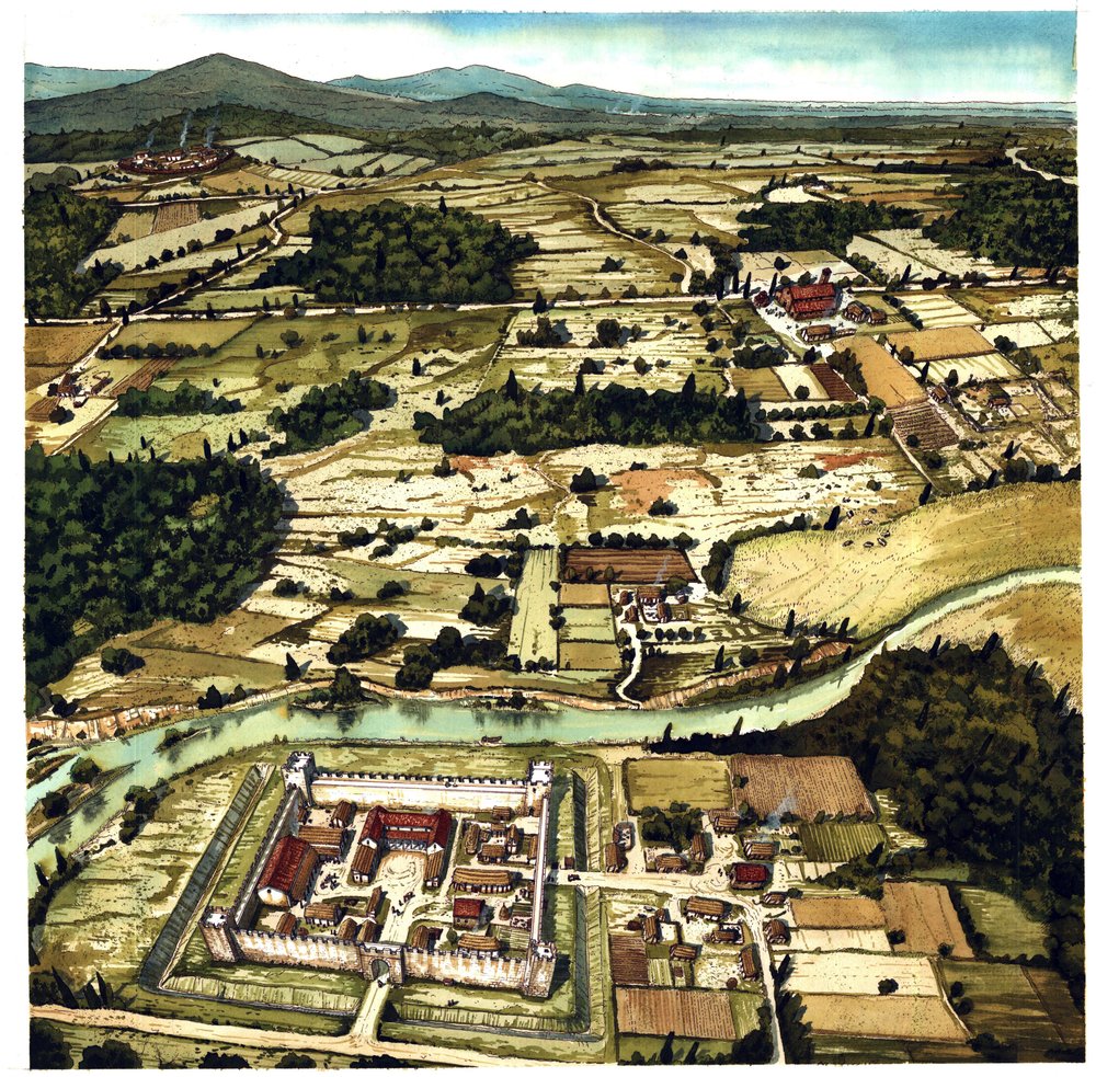 View of a typical landscape of the High Middle Ages, with fortress in ...