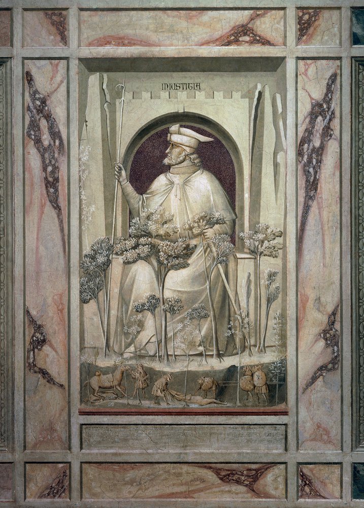 The Injustice, an old man holding a sword in his hands while before him the trees of evil grow, by Giotto, detail from the cycle of frescoes The Vices and Virtues, after the restoration in 2002, Scrovegni Chapel, Padua, Veneto, Italy. by Giotto (c.1266-1337)