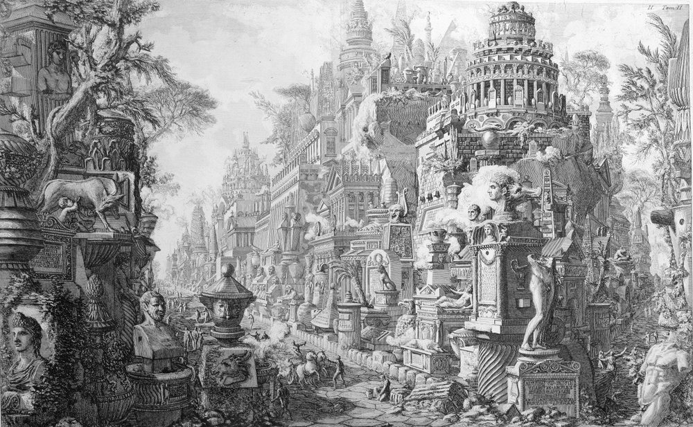 Allegorical Frontispiece of Rome and Its History, from “Le Antichità Romane de G.B. Piranesi (1756)”, published in Paris, 1835 by Giovanni-Battista Piranesi