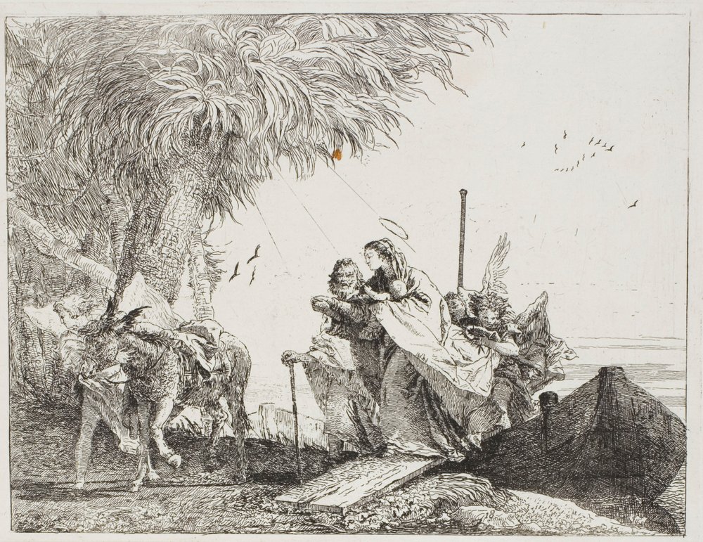 Mary, Helped by Joseph and an Angel, Stepping Out of the Boat, plate eighteen from The Flight into Egypt by Giovanni Domenico Tiepolo