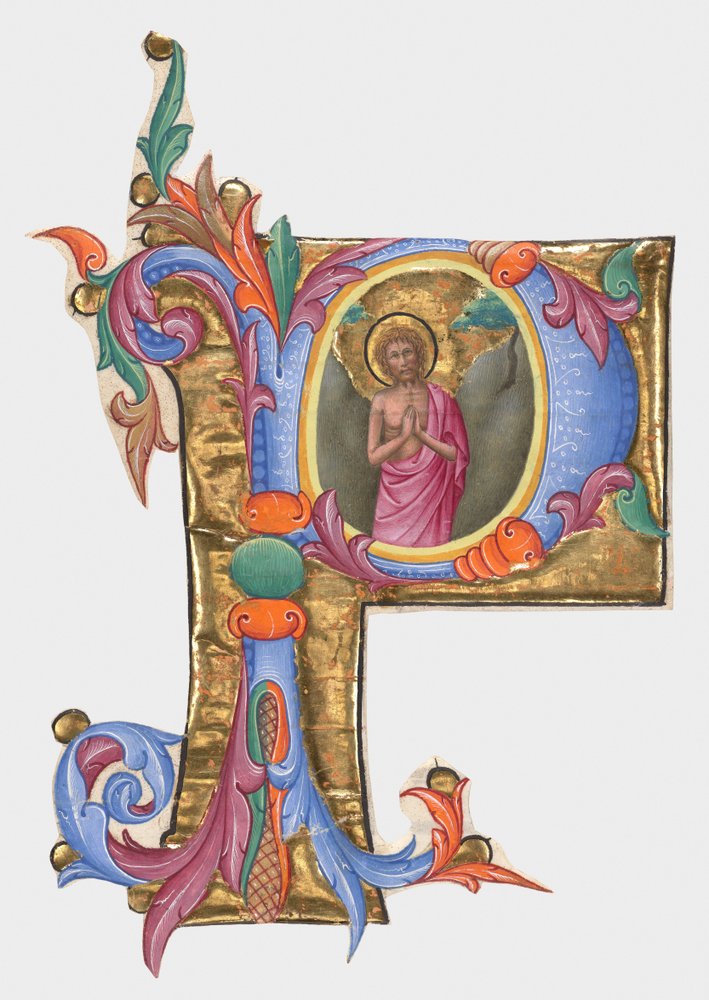 Initial P: Saint John the Baptist, cutting from a gradual by Giovanni di Paolo