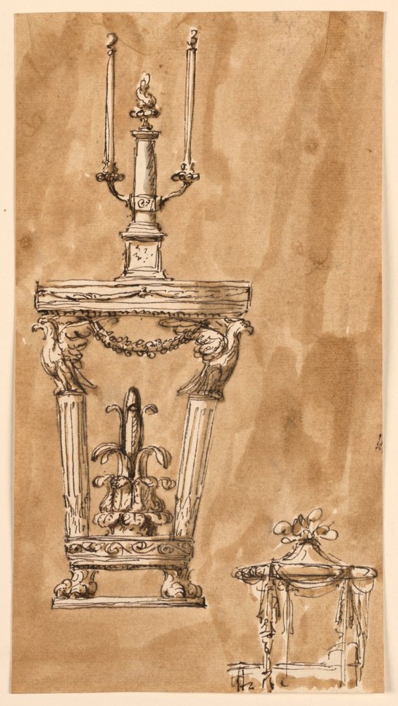 Design for a Console Table with Candlestick and a Bed by Giuseppe Barberi
