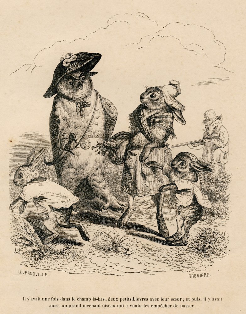 Two Little Hares with Their Big Sister Stopped by an Owl in a Field. A Fox Hunting Behind Them. Illustrated Vignettes by JJ Granville. Engraving signed Breviere in the section 
