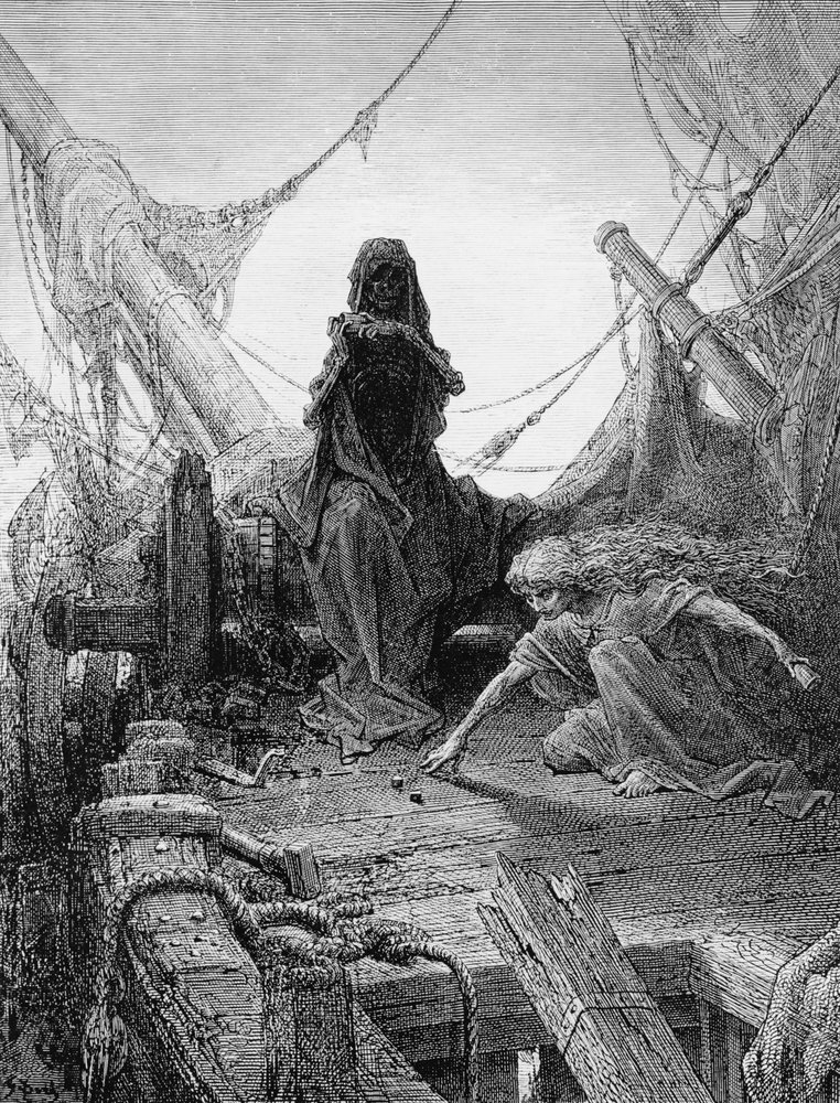 The ‘Night-mare Life-in-Death’ plays dice with Death for the souls of the crew, scene from ‘The Rime of the Ancient Mariner’ by S. T. Coleridge, published by Harper und Brothers, New York, 1876 (wood engraving) by Gustave Dore