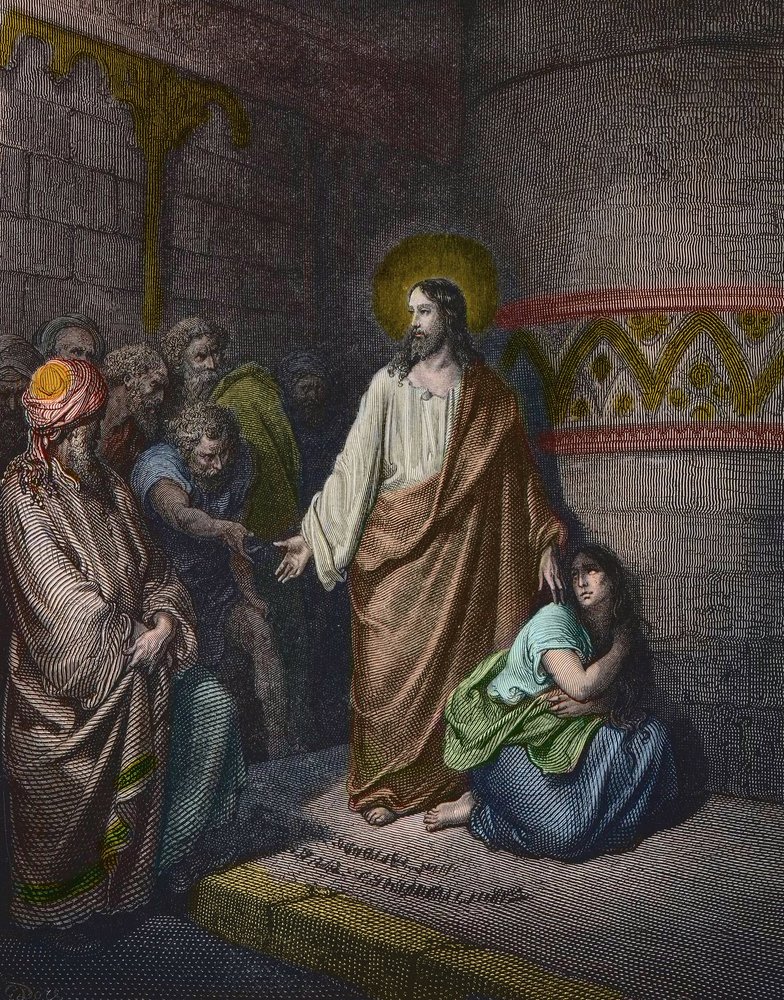 Christ and the Adulterous Woman, Illustration by Gustave Doré (1832-1883) - Jesus and the Woman Taken in Adultery - Engraving by Gustave Doré - Later Colouring by Gustave Dore