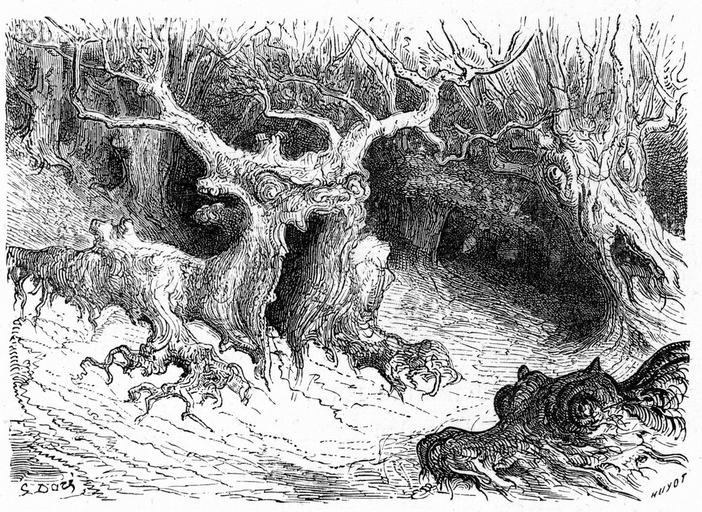 Monstrous Beech in the Ossau Valley, Antropomorphic Monster Trees. Engraving by Gustave Dore Illustrating the Book 