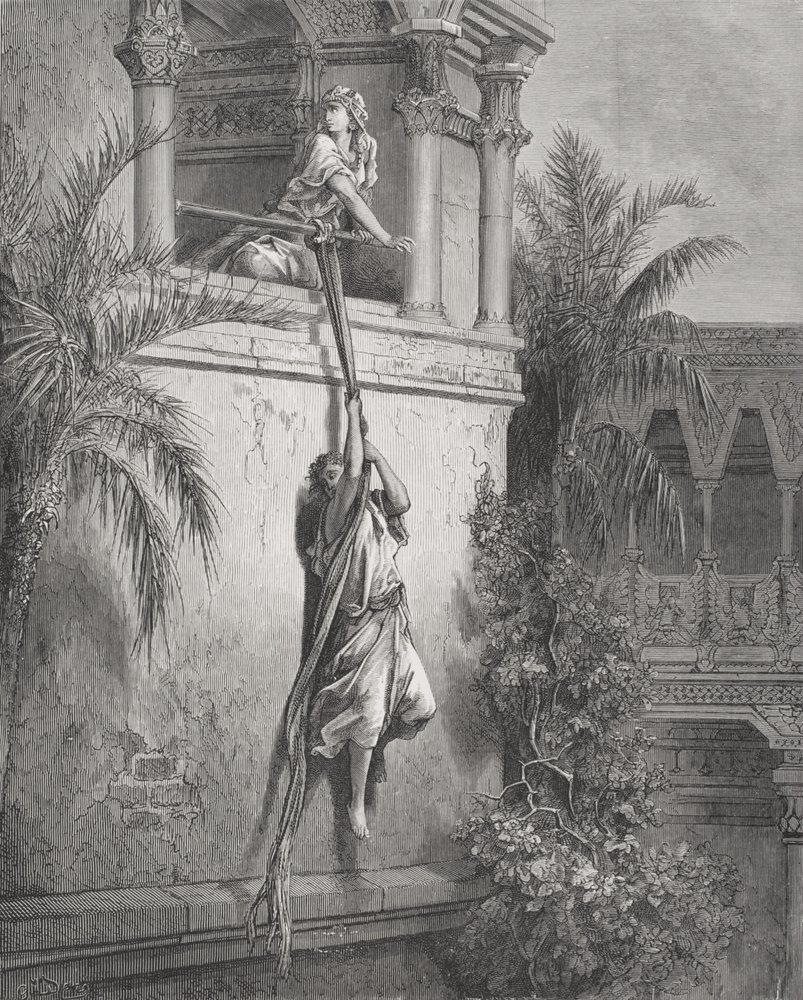 The Escape of David Through the Window, Illustration from Dore's 'The ...