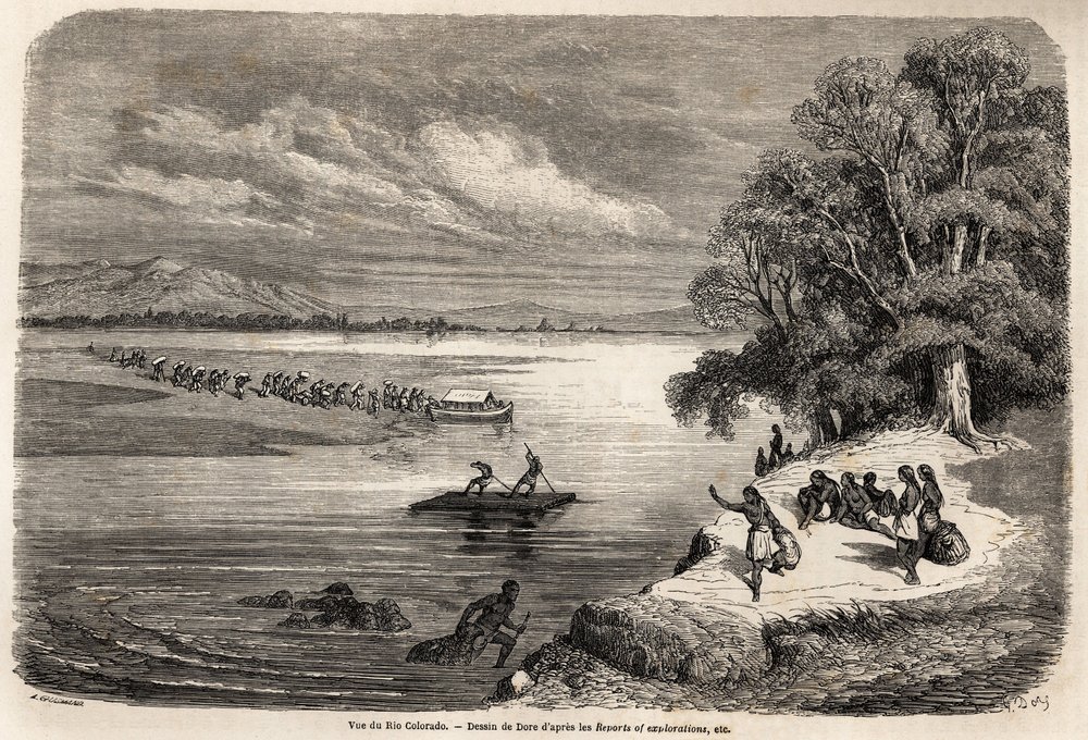 The crossing of the Colorado River by raft, accompanied by some Mohaves Indians by Gustave Dore