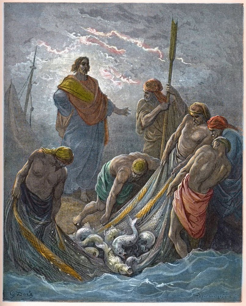 The miraculous draught of fishes - Engraving in 'The Bible illustree ...