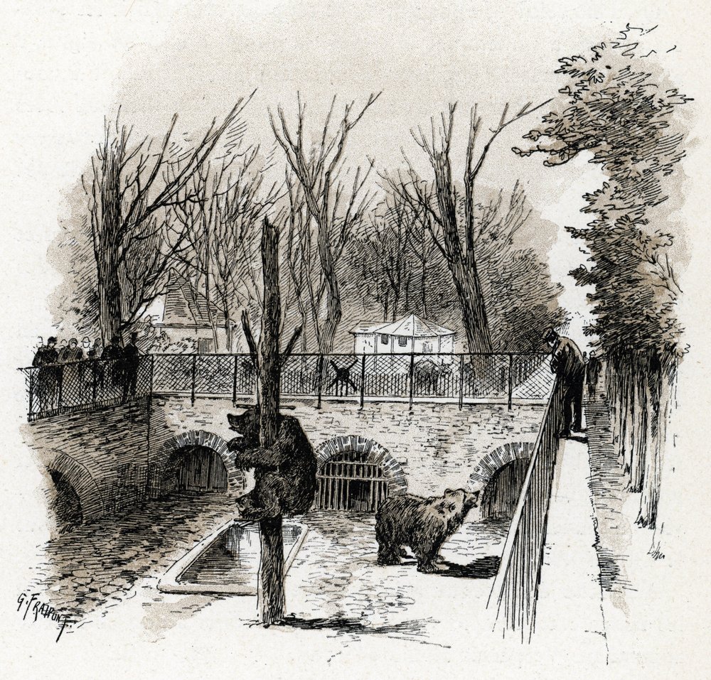 View of the Bear Pit in the Zoo du Jardin des Plantes, Paris. Drawing by Gustave Fraipont (1849-1923) from “La Seine à travers Paris” by Saint-Juirs by Gustave Fraipont