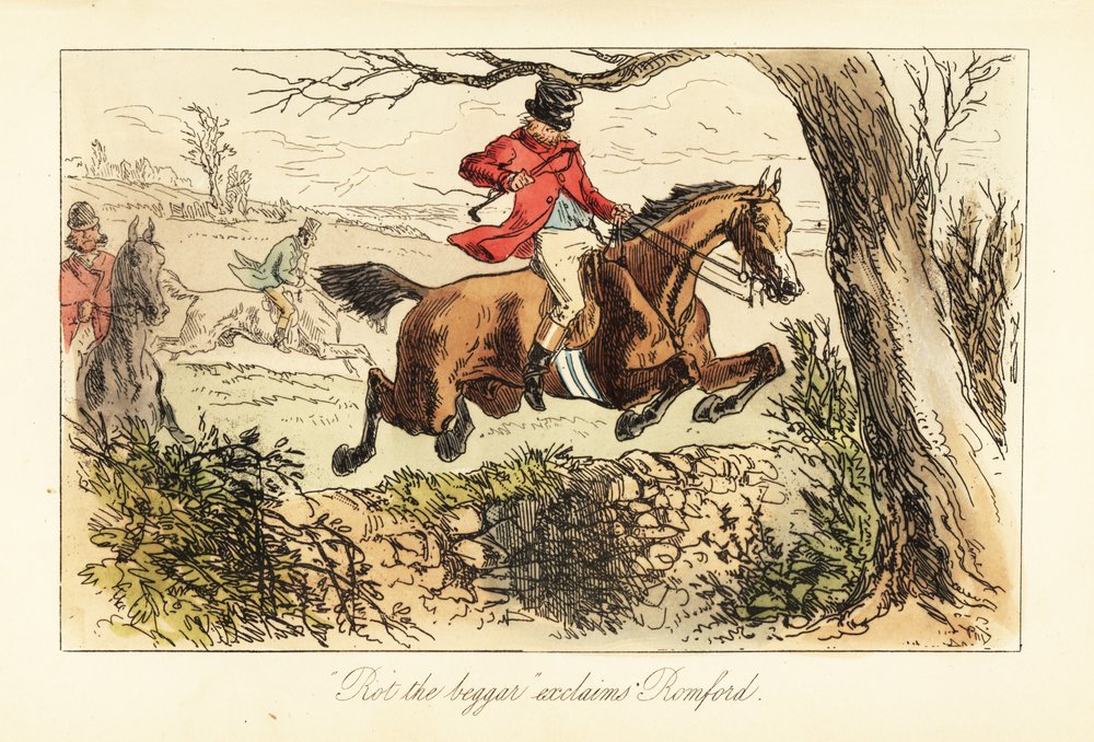 English huntsman making a dangerous jump over a stone wall beneath a ...