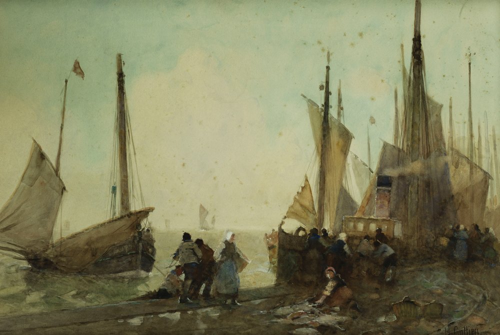 Unloading Fishing Boats on the Quay, Brittany by Hector Caffieri