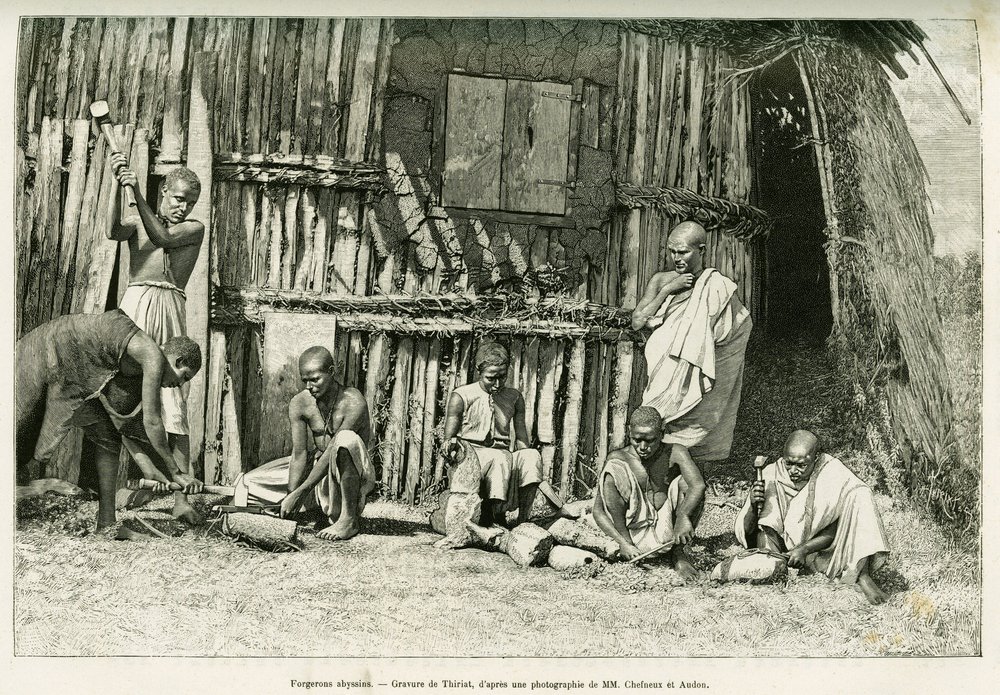 Abyssine blacksmiths. Engraving by Thiriat, after a photograph, to ...