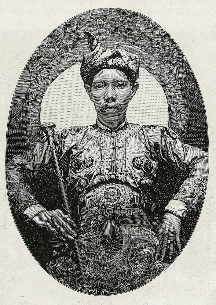 Portrait of Mohammed Yamalul Alam, sultan of Soulou (or Sulu) (Philippines), in 1880. Engraving by Thiriat, to illustrate the story 