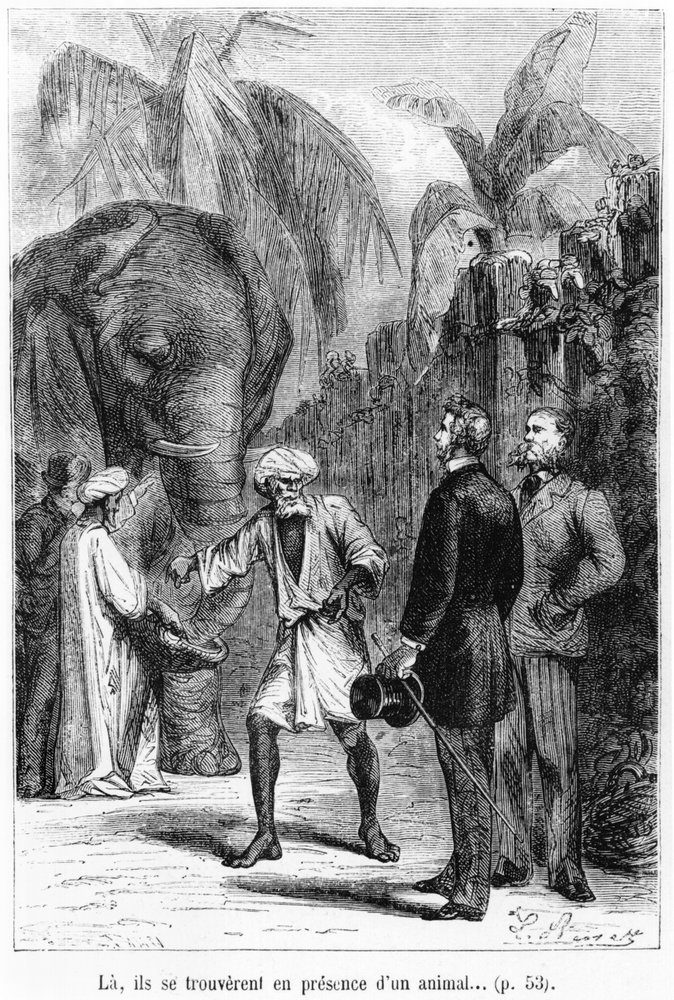 Phileas Fogg in front of an elephant, illustration from 